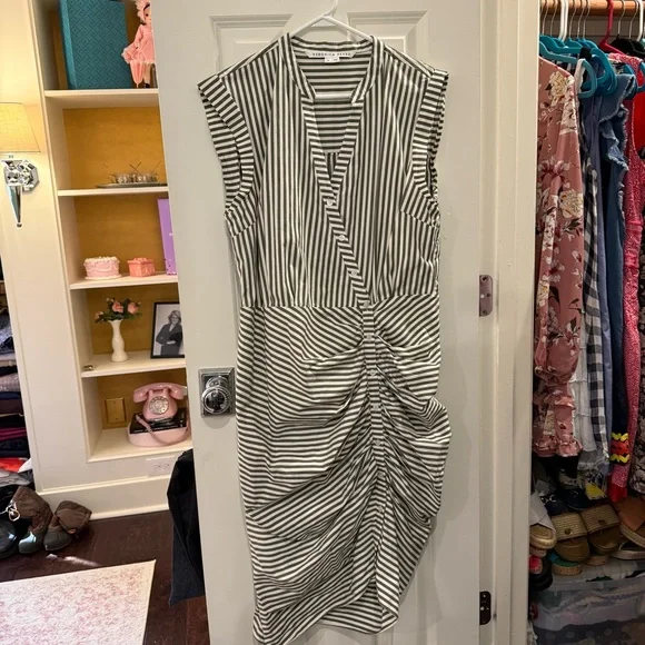 Veronica Beard Striped Asymmetric-Button Midi Dress Green White size 16 - Picture 2 of 15